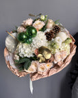 Bouquet “Merry Pine Delight” — roses, hydrangea, noble fir, pinecones