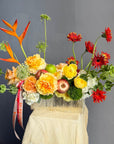 Vase Arrangement “No Beige” — gerberas, roses, green dianthus, hydrangea, viburnum, molucella, decorative apple