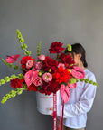 Flower Box “Too Good in Red” — anthurium, roses, viburnum