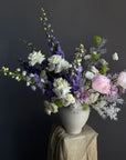 Vase Arrangement “Summer Poetry” — delphinium, peonies, roses, viburnum, lisianthus