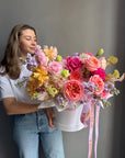 Flower Box "Dopamine" - roses, lisianthus, hydrangea, delphinium