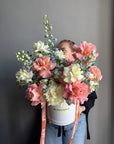 Flower Box "Pastel Serenity" - roses, delphiniums, hydrangeas, stock