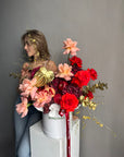 Flower Box "The Golden Blessing" - roses, hydrangeas, pomegranate