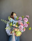 Interior Arrangement “Colorful Happiness” — roses, delphinium, hydrangeas, viburnum