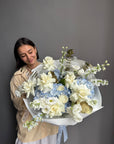 Bouquet “Ophelia” — delphinium, hydrangeas, ranunculus, roses