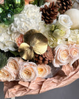 Bouquet “Merry Pine Delight” — roses, hydrangea, noble fir, pinecones
