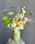 Vase Arrangement “Soft Jungle” — roses, veggie roses, lisianthus, anthurium