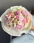 Bouquet “Pink Champagne” — ranunculus, hydrangea, garden roses, lisianthus