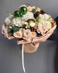 Bouquet “Merry Pine Delight” — roses, hydrangea, noble fir, pinecones
