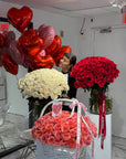 Luxury Flower & Balloon Set “With All My Love” — Pink Expression roses, white roses, red roses, heart balloons
