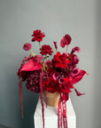 Flower Arrangement in a pot “Terracotta Flame” — anthurium, amaranth, calla lilies, roses