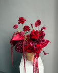Flower Arrangement in a pot “Terracotta Flame” — anthurium, amaranth, calla lilies, roses