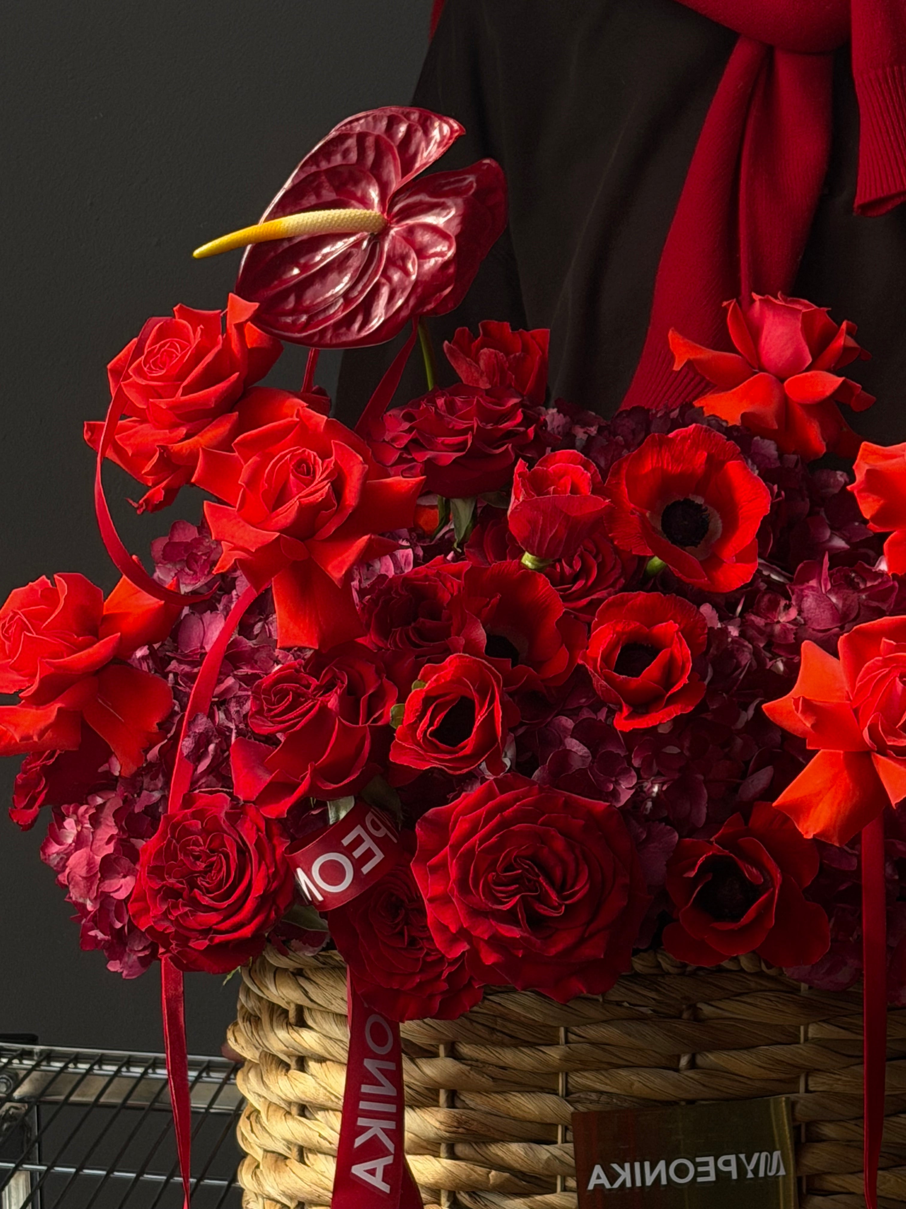 Flower Basket “Body Language” — anemones, roses, anthurium