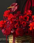 Flower Basket “Body Language” — anemones, roses, anthurium, hydrangea