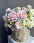 Flower Basket “Lucky Girl” — ranunculus, roses, hydrangeas