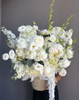 Flower Basket “Clean Girl Bloom” — roses, peonies, viburnum, lisianthus, ranunculus