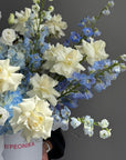 Flower Box “Unsent Message” — roses, delphinium, ranunculus