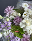 Bouquet “Velvet Bloom” — roses, delphinium, eustoma