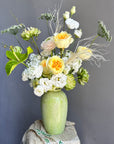 Vase Arrangement “Soft Jungle” — roses, veggie roses, lisianthus, anthurium