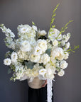 Flower Basket “Clean Girl Bloom” — roses, peonies, viburnum, lisianthus, ranunculus