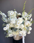 Flower Basket “Clean Girl Bloom” — roses, peonies, viburnum, lisianthus, ranunculus