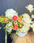 Vase Arrangement “September Silk” — hydrangea, rose, ranunculus, calla lily, anthurium, decorative apple