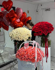 Luxury Flower & Balloon Set “With All My Love” — Pink Expression roses, white roses, red roses, heart balloons