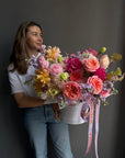 Flower Box "Dopamine" - roses, lisianthus, hydrangea, delphinium
