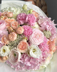 Bouquet “Pink Champagne” — ranunculus, hydrangea, garden roses, lisianthus