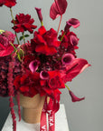 Flower Arrangement in a pot “Terracotta Flame” — anthurium, amaranth, calla lilies, roses