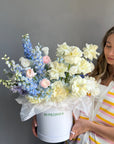 Flower Box “Unsent Message” — roses, delphinium, ranunculus