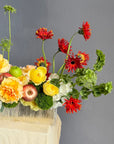Vase Arrangement “No Beige” — gerberas, roses, green dianthus, hydrangea, viburnum, molucella, decorative apple