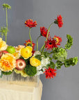 Vase Arrangement “No Beige” — gerberas, roses, green dianthus, hydrangea, viburnum, molucella, decorative apple