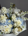 Bouquet “Ophelia” — delphinium, hydrangeas, ranunculus, roses