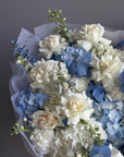 Bouquet “Below Zero” – hydrangeas, roses, delphiniums, carnation
