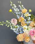 Flower Box “Fresh Start” — ranunculus, hydrangea, delphinium, lisianthus & seasonal blooms