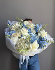 Bouquet “Below Zero” – hydrangeas, roses, delphiniums, carnation