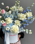 Flower Box “Unsent Message” — roses, delphinium, ranunculus
