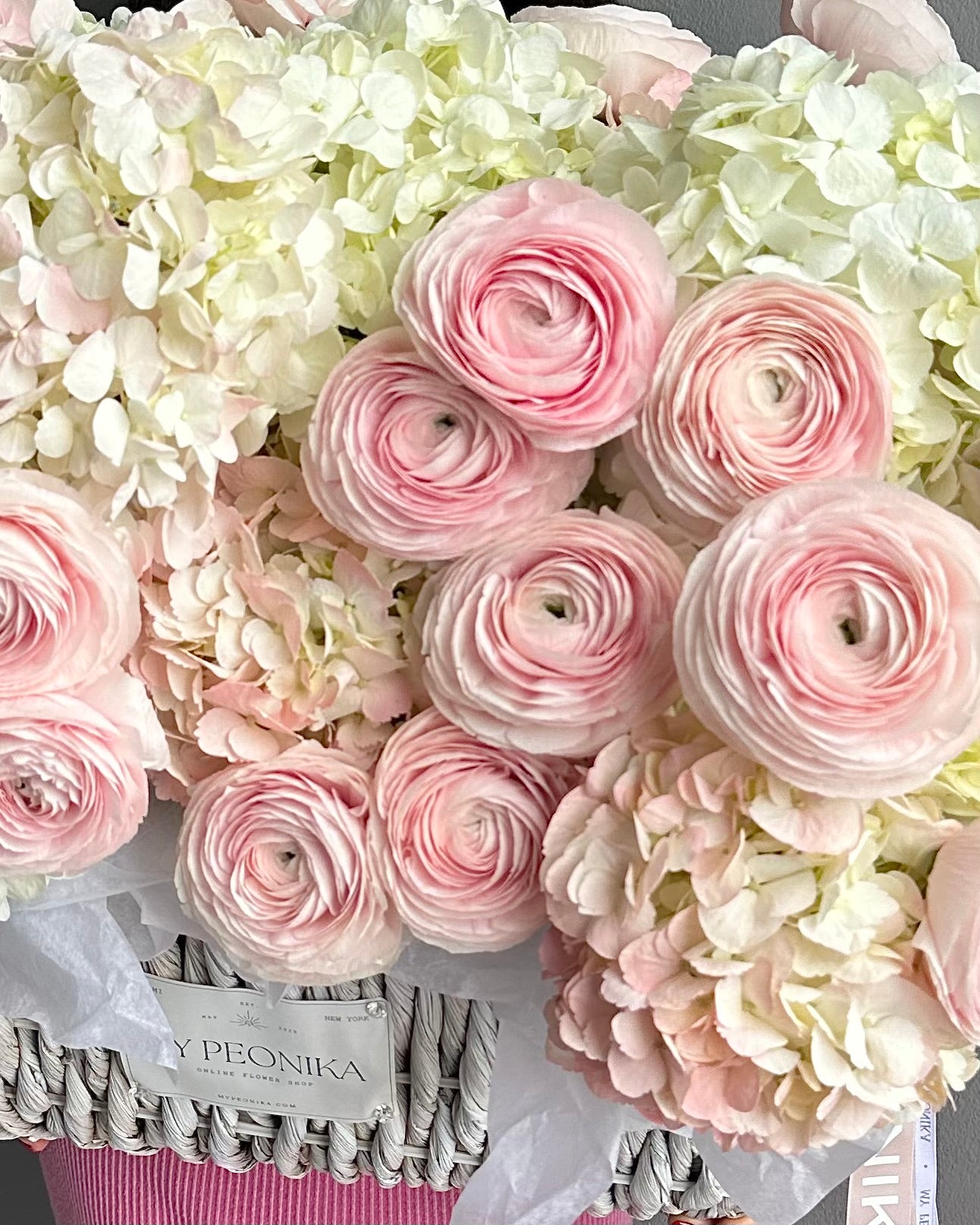 Flower Basket "Whispering Angel" - ranunculuses, hydrangeas