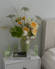 Vase Arrangement “Soft Jungle” — roses, veggie roses, lisianthus, anthurium