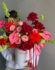 Flower Box “Too Good in Red” — anthurium, roses, viburnum