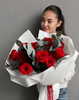 Bouquet “Red Nina” — roses, eucalyptus