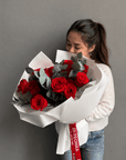Bouquet “Red Nina” — roses, eucalyptus