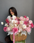 Flower Basket “The Way She Smiles” — roses, orchids, ranunculus