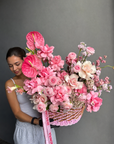 Flower Basket “Powder Shock” — anthurium, roses, ranunculus, gladioli