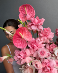 Flower Basket “Powder Shock” — anthurium, roses, ranunculus, gladioli