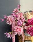 Flower Basket “Hyperpink Lite” — anthurium, amaranth, roses, hydrangea
