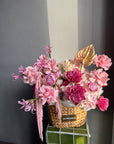 Flower Basket “Hyperpink Lite” — anthurium, amaranth, roses, hydrangea