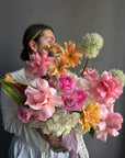 Vase Arrangement “Living in Color” — hydrangeas, gerberas, roses, lisianthus, allium, ranunculus
