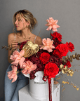 Flower Box "The Golden Blessing" - roses, hydrangeas, eucalyptus
